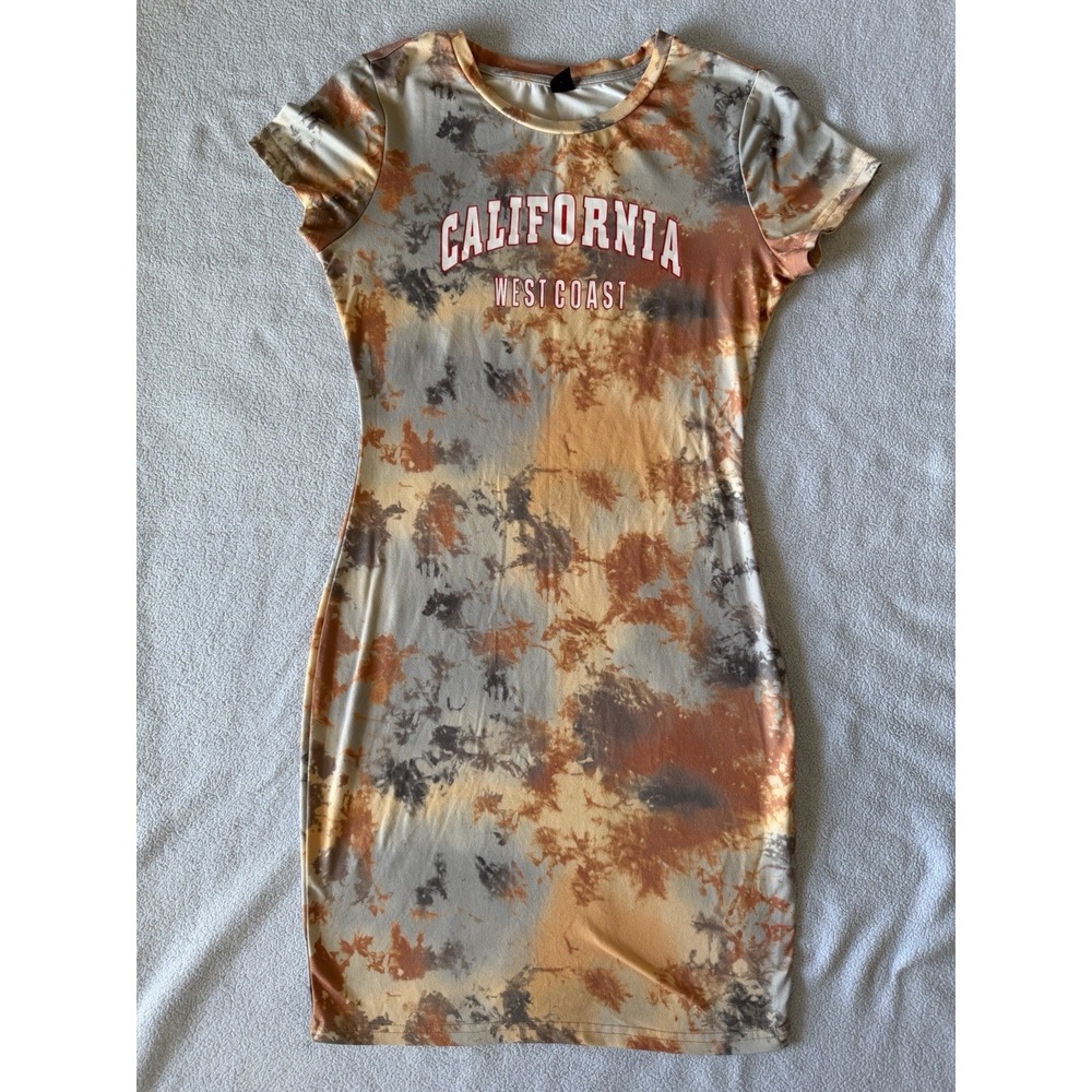 SHEIN California West Coast Tie Dye Bodycon Mini Dress Orange Gray Size M - Picture 2 of 8